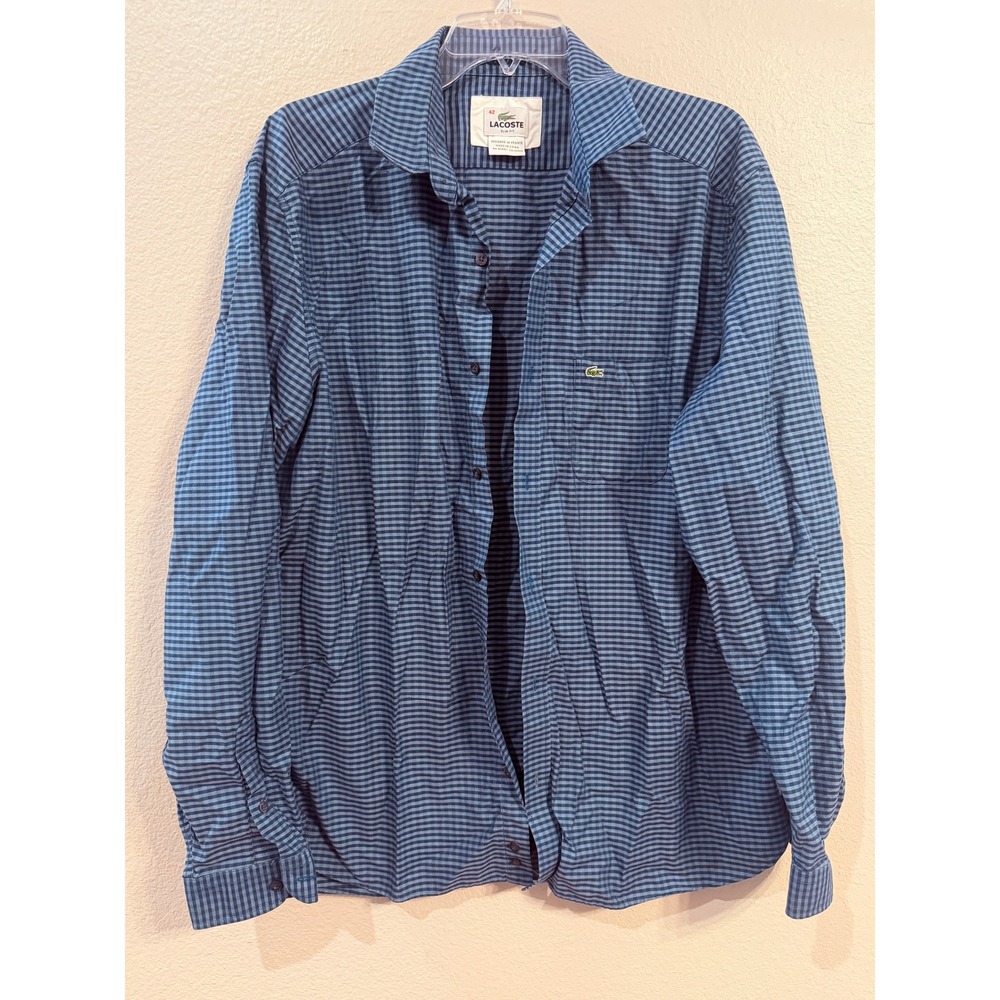 Lacoste Mens Slim Fit Gingham‎ Check Button Down Shirt Blue Navy Size 42 F5182